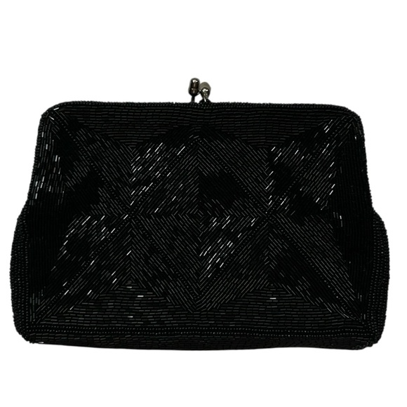 Vtg SHARONEE Black Beaded Clutch Handbag Kiss Lock 5" x 7" Shiny Geometric Japan - Picture 1 of 8